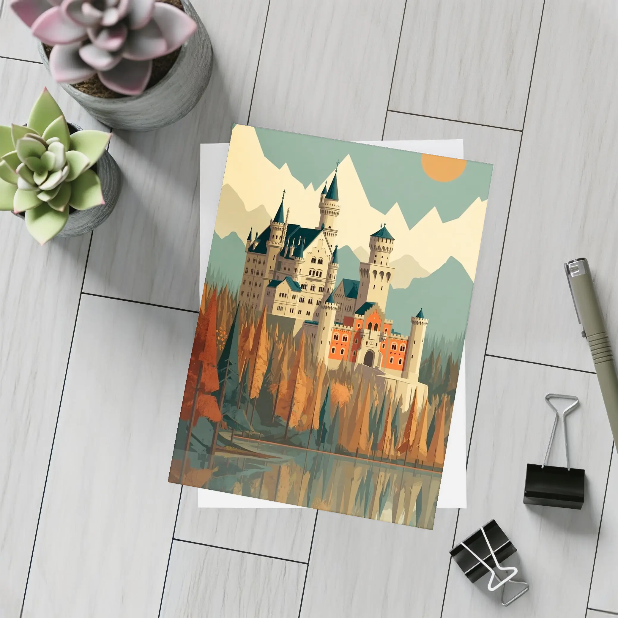 Neuschwanstein Castle Autumn Mountains Flat Art – Postcards