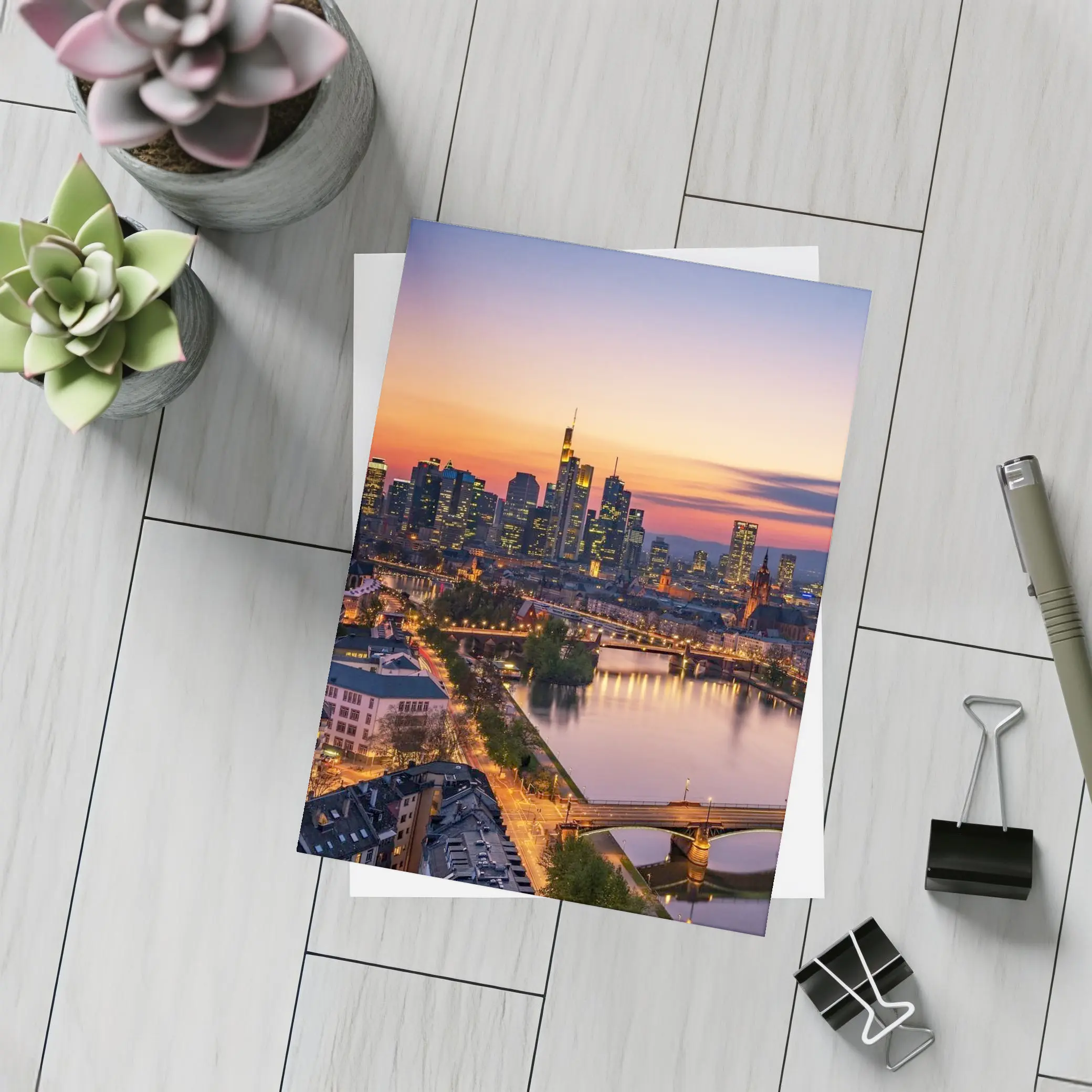 Frankfurt Skyline At Sunset Over River – Postcards