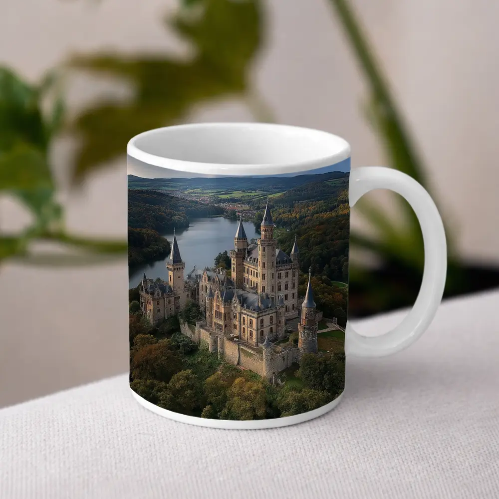 Medieval Castle Aerial View Forest Lake – Mugs