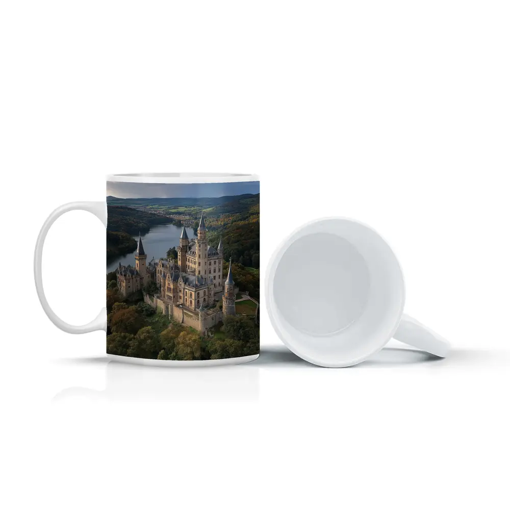 Medieval Castle Aerial View Forest Lake – Mugs