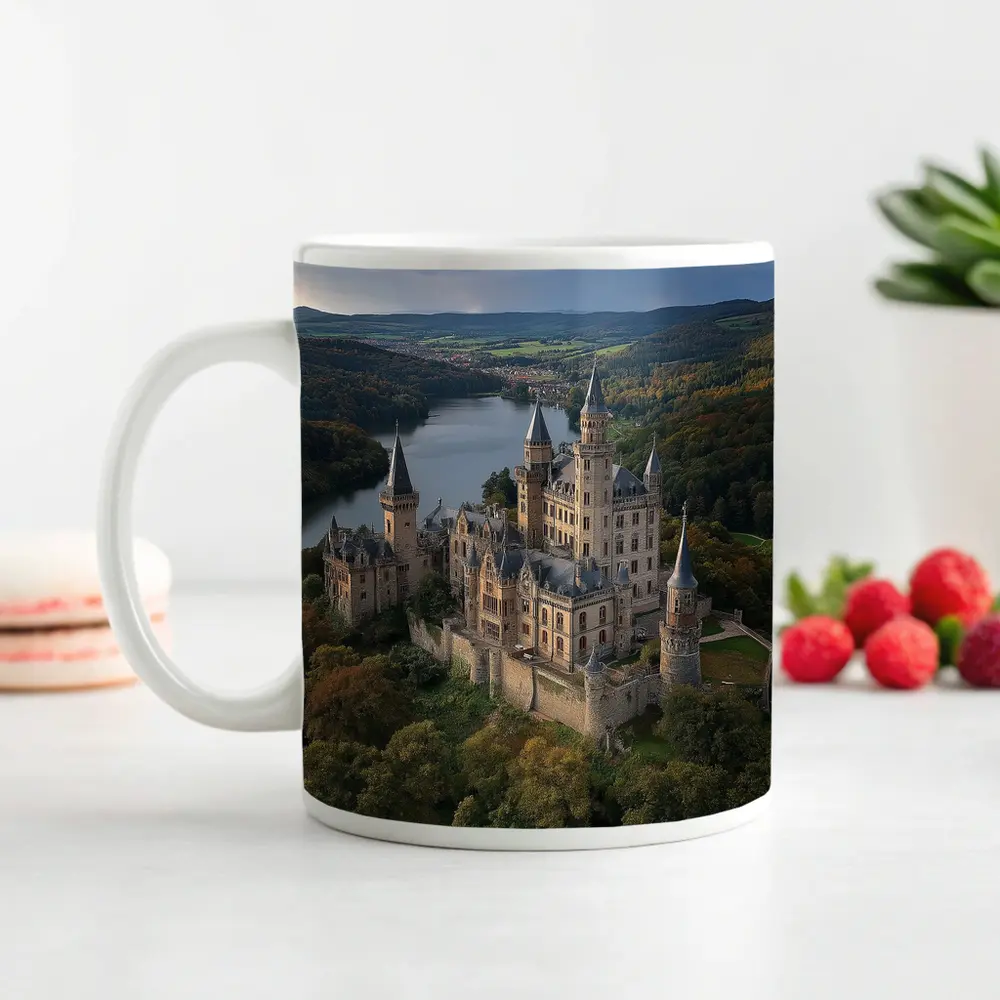 Medieval Castle Aerial View Forest Lake – Mugs
