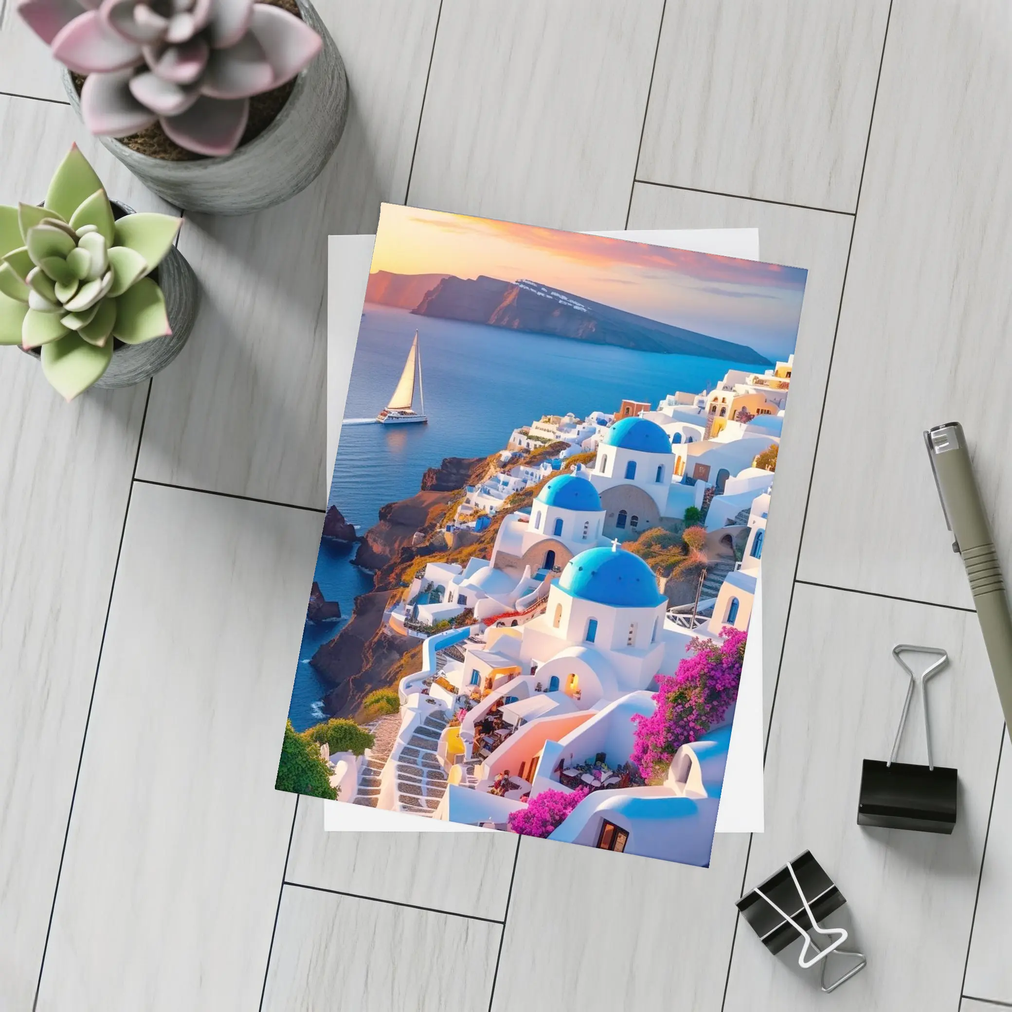 Santorini Greece Blue Domes Sunset View – Postcards