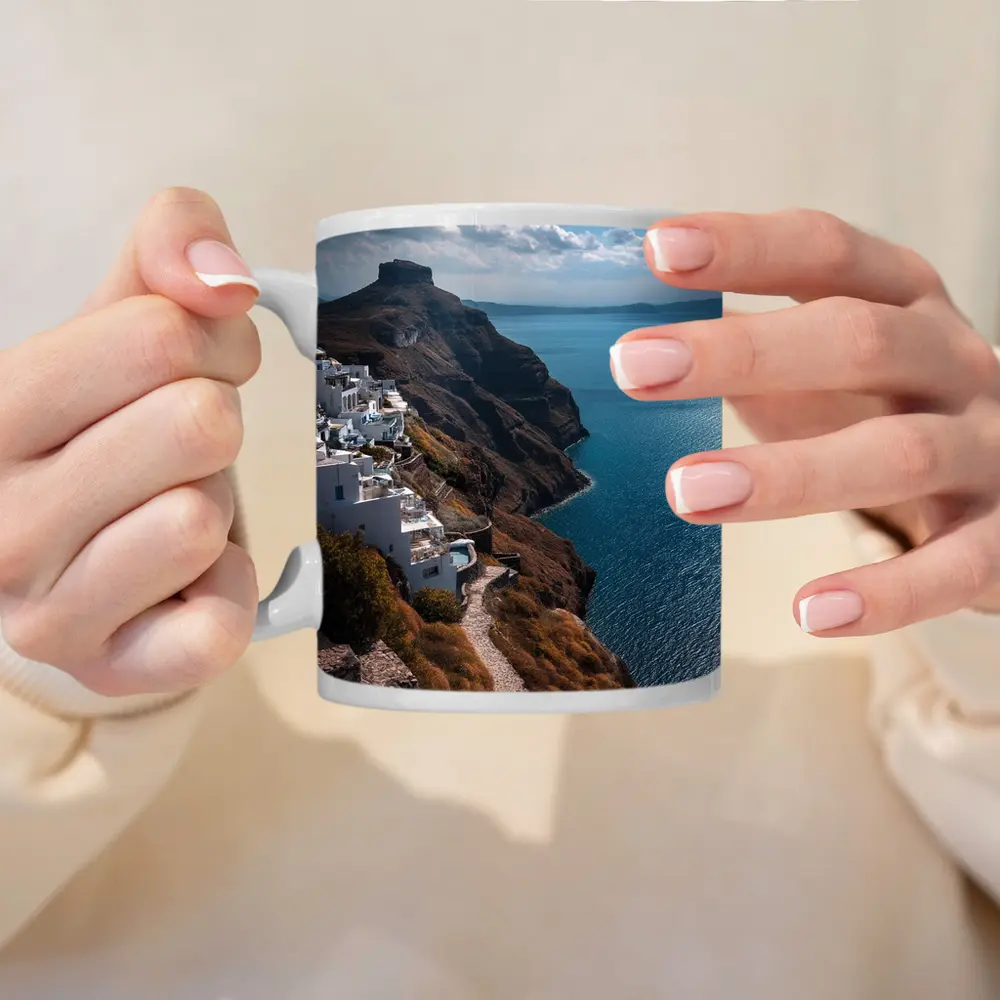 Santorini Cliffside White Buildings Aegean Sea – Mugs