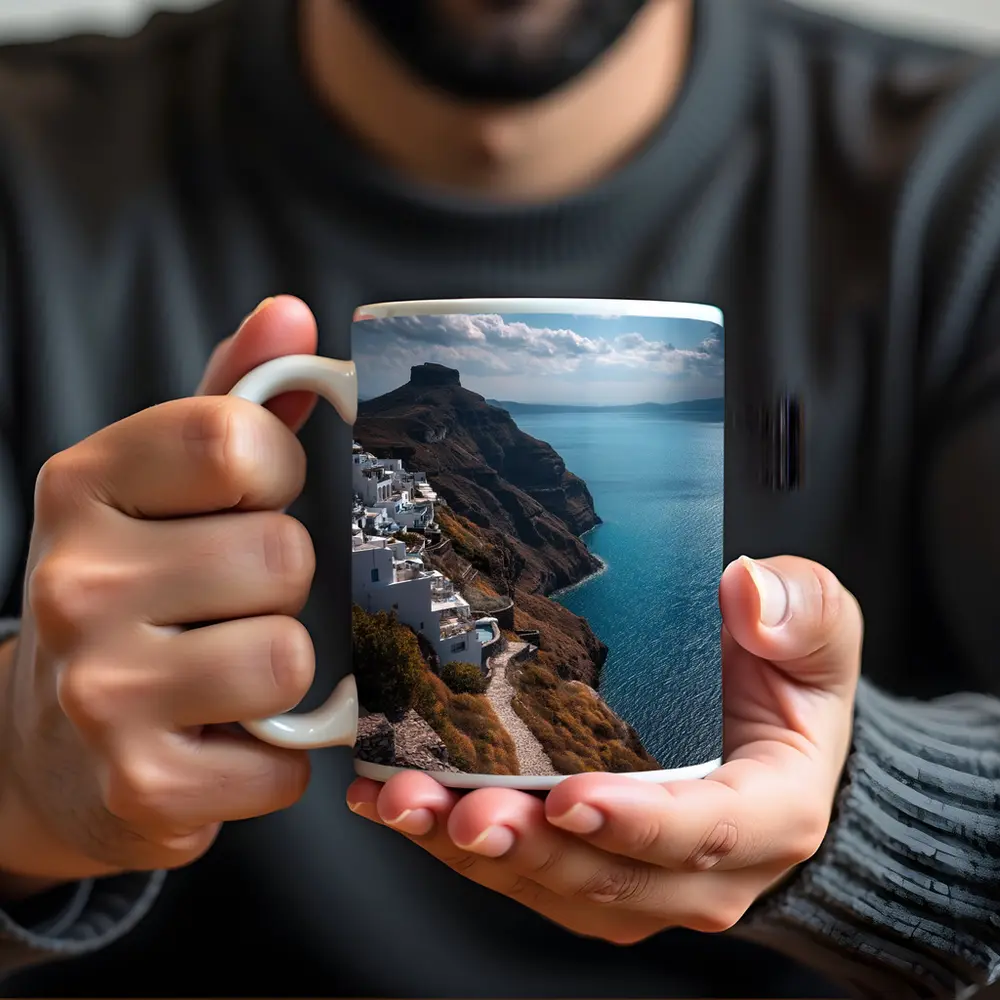 Santorini Cliffside White Buildings Aegean Sea – Mugs