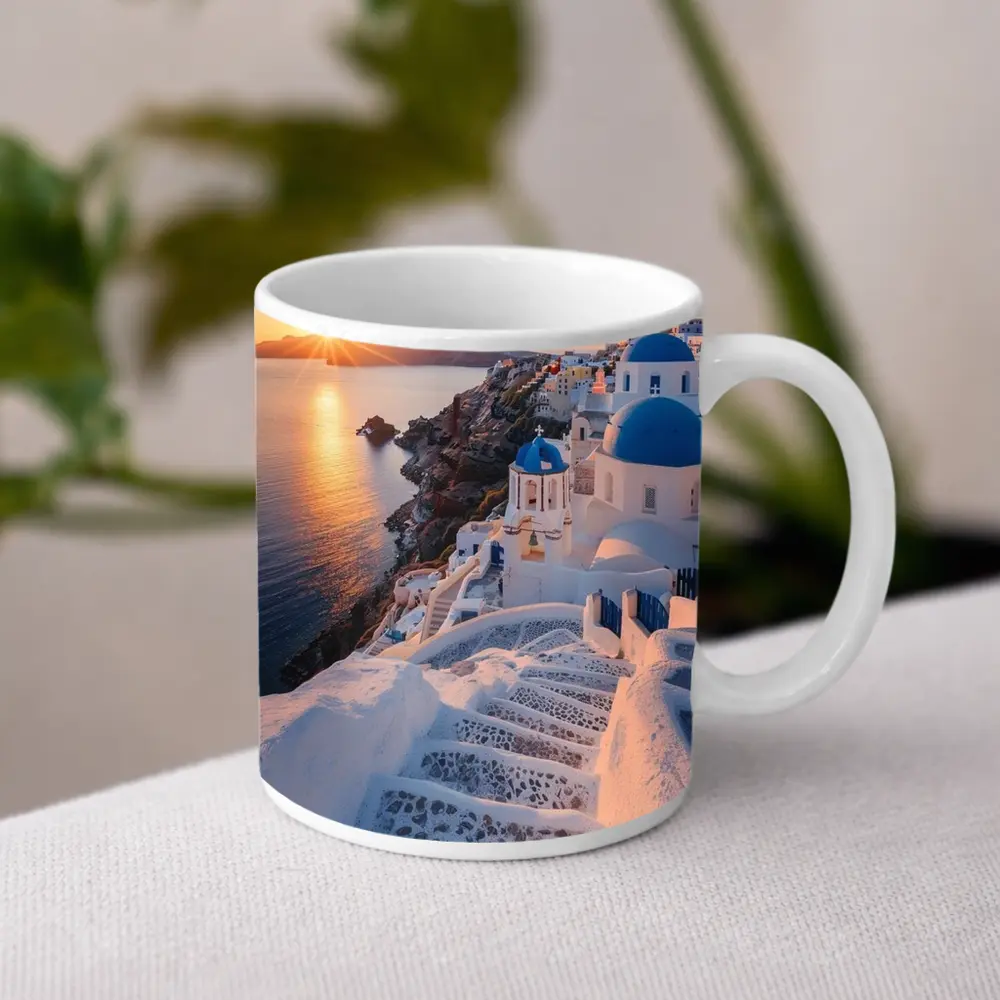 Santorini Blue Domes Sunset Greece View – Mugs