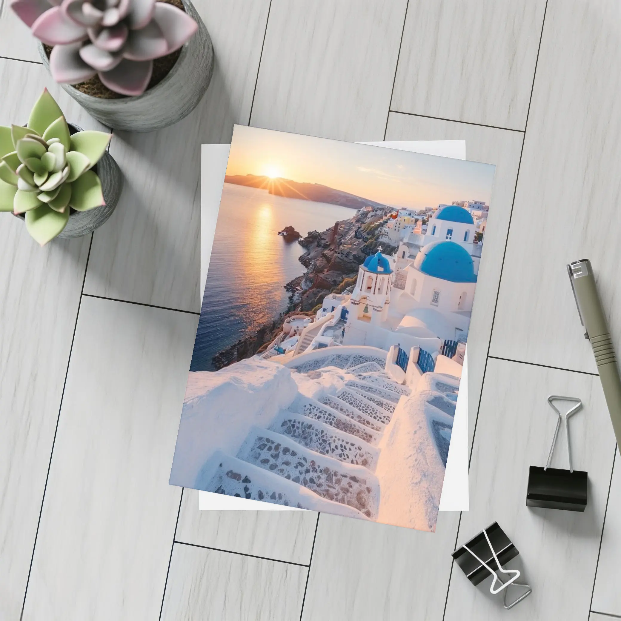Santorini Blue Domes Sunset Greece View – Postcards