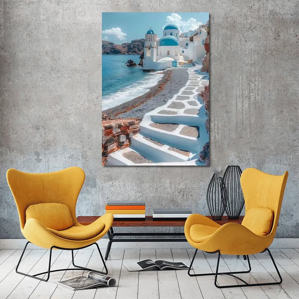 Santorini Blue Dome Church Coastal View – Wall Art