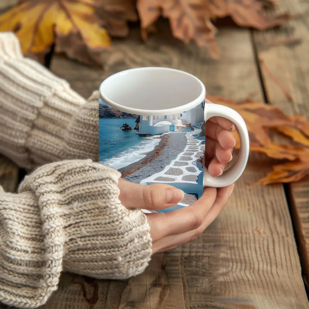 Santorini Blue Dome Church Coastal View – Mugs