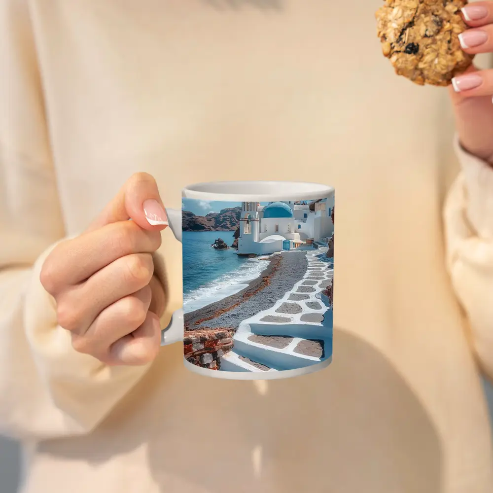 Santorini Blue Dome Church Coastal View – Mugs