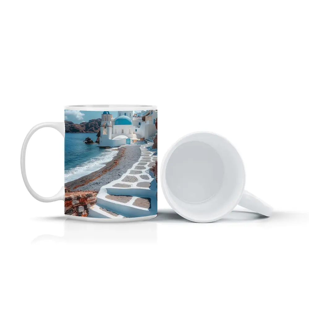 Santorini Blue Dome Church Coastal View – Mugs