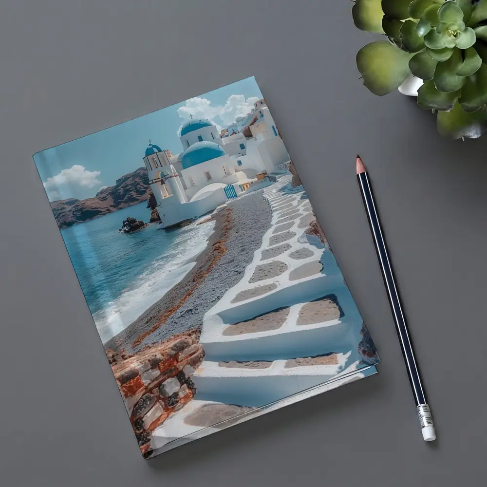 Santorini Blue Dome Church Coastal View – Notebooks