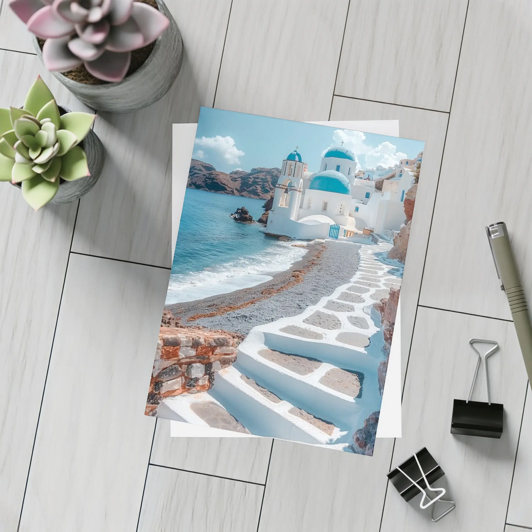 Santorini Blue Dome Church Coastal View – Postcards