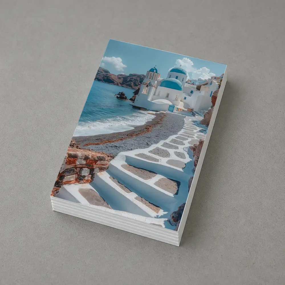 Santorini Blue Dome Church Coastal View – Postcards