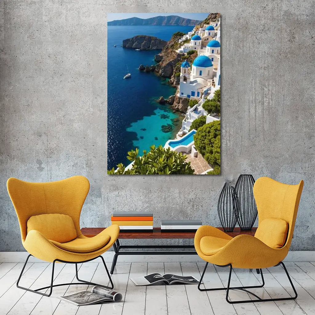 Santorini Blue Domes Cliffside Aegean Sea – Wall Art