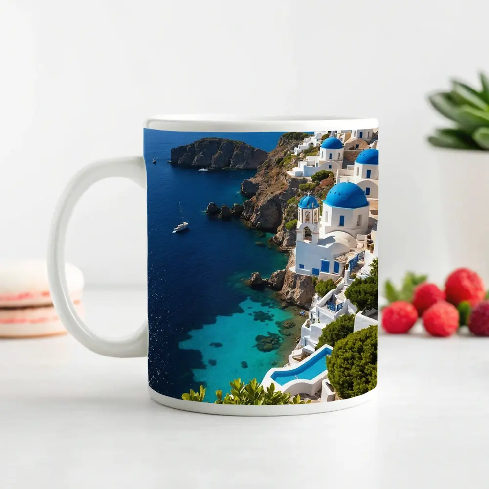 Santorini Blue Domes Cliffside Aegean Sea – Mugs