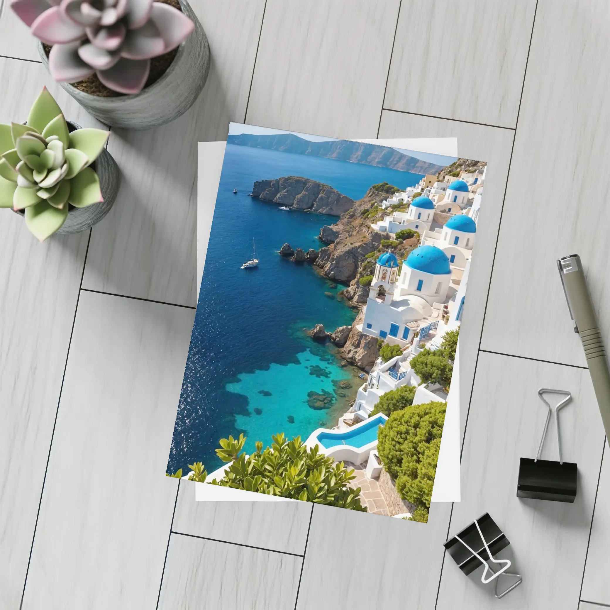 Santorini Blue Domes Cliffside Aegean Sea – Postcards
