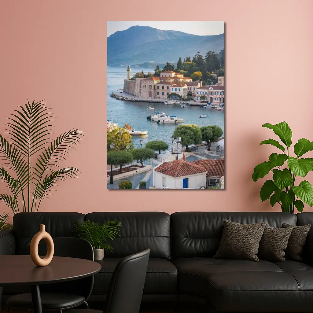 Greek Coastal Town Harbor With Mountain View – Wall Art