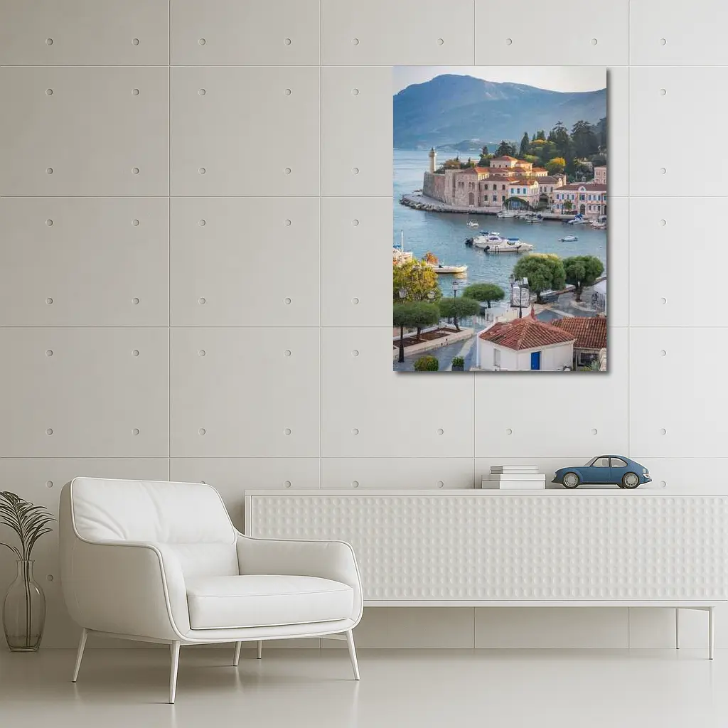 Greek Coastal Town Harbor With Mountain View – Wall Art