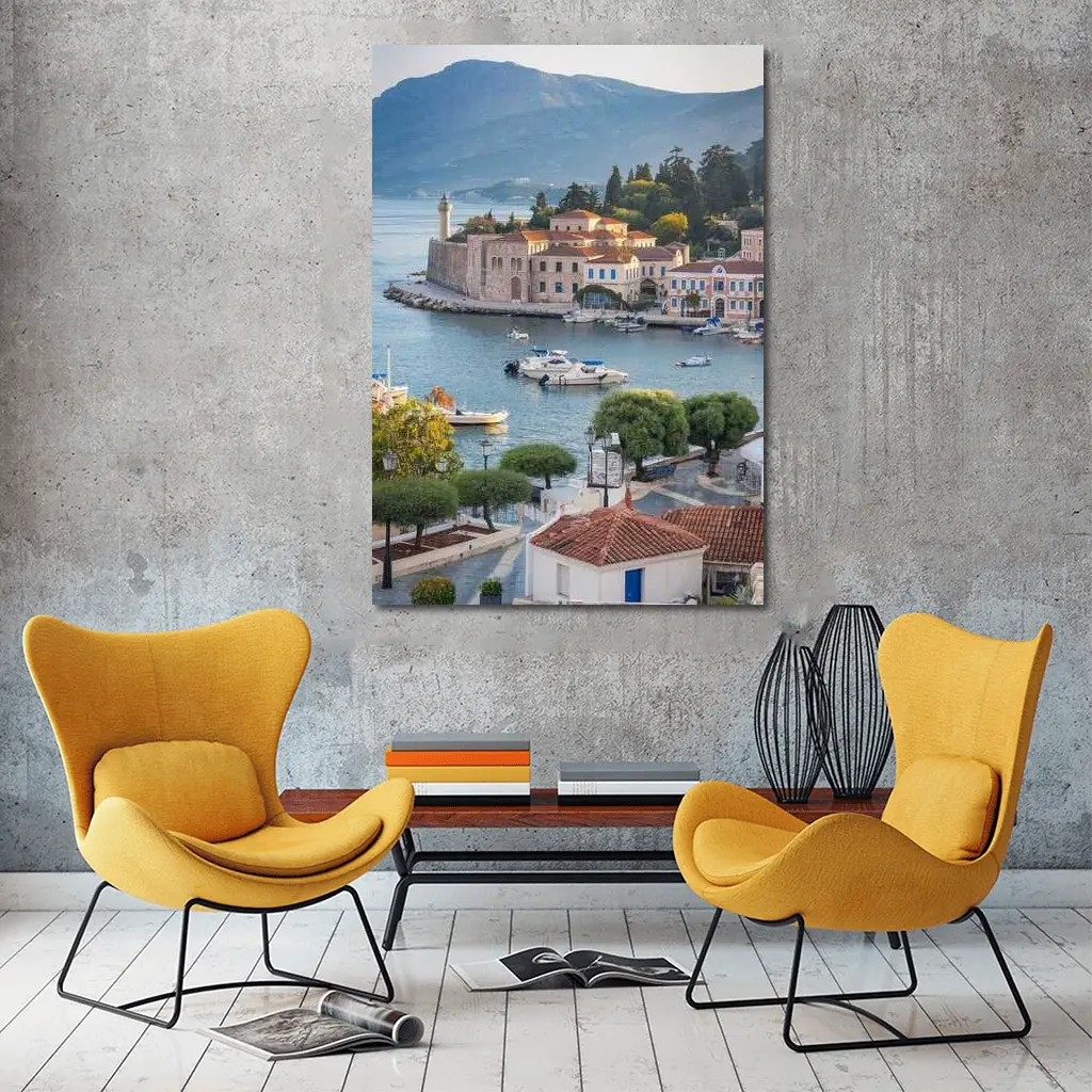 Greek Coastal Town Harbor With Mountain View – Wall Art