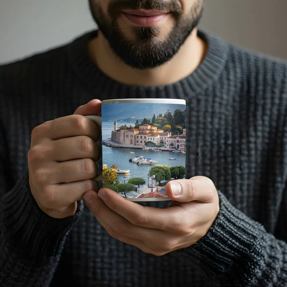 Greek Coastal Town Harbor With Mountain View – Mugs