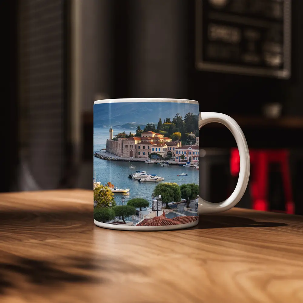 Greek Coastal Town Harbor With Mountain View – Mugs