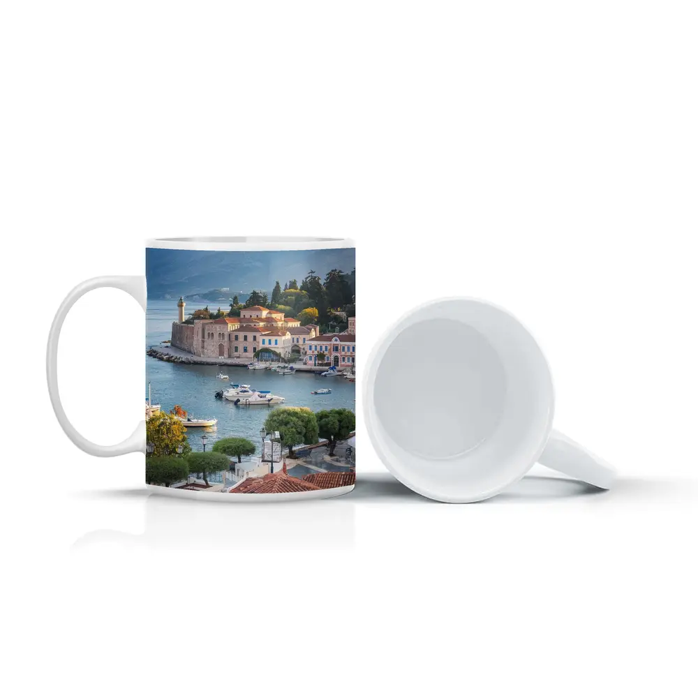 Greek Coastal Town Harbor With Mountain View – Mugs