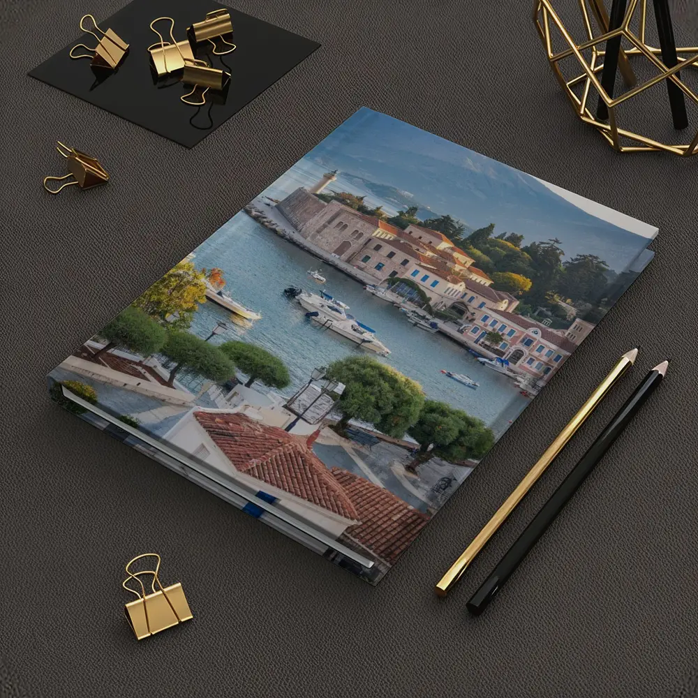 Greek Coastal Town Harbor With Mountain View – Notebooks
