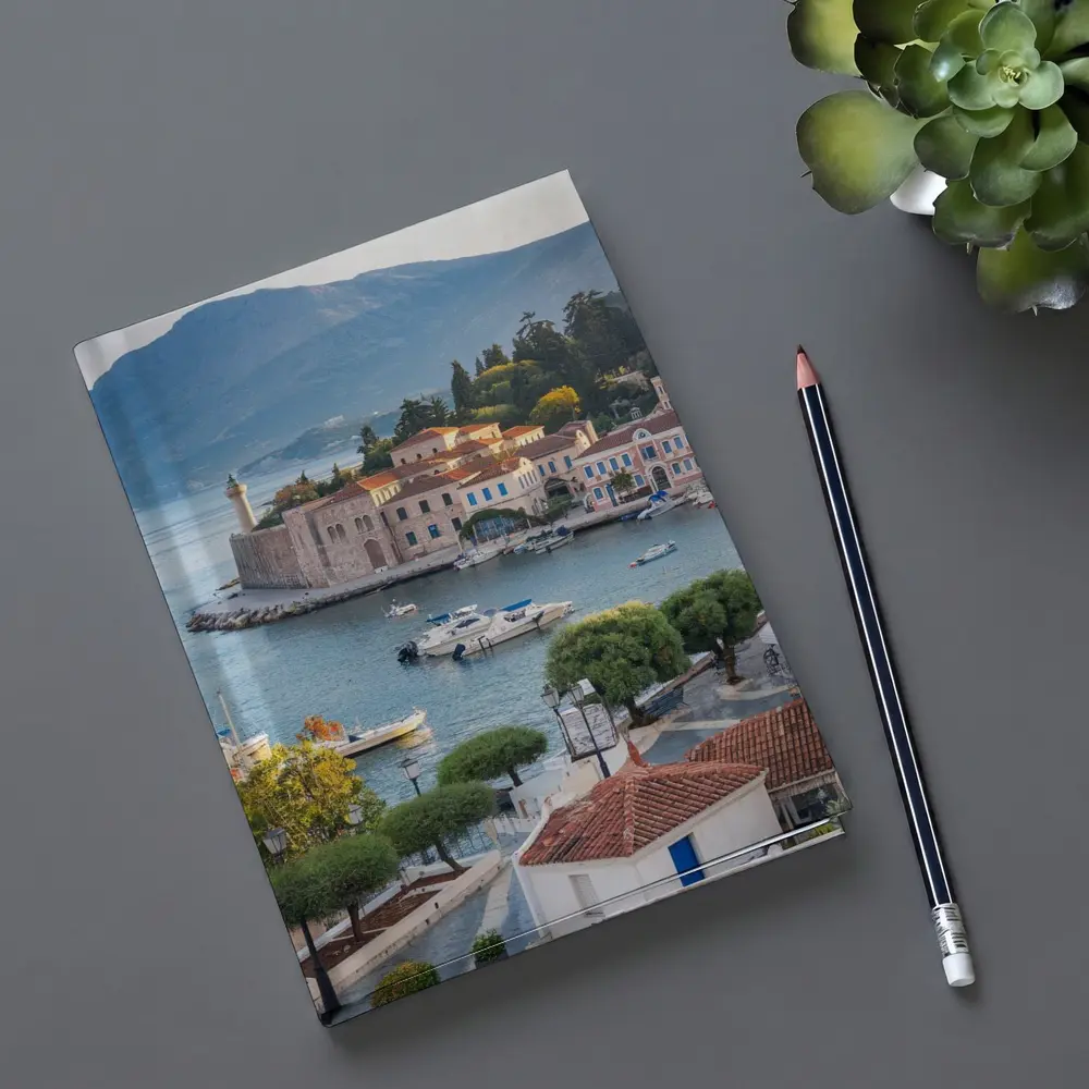 Greek Coastal Town Harbor With Mountain View – Notebooks