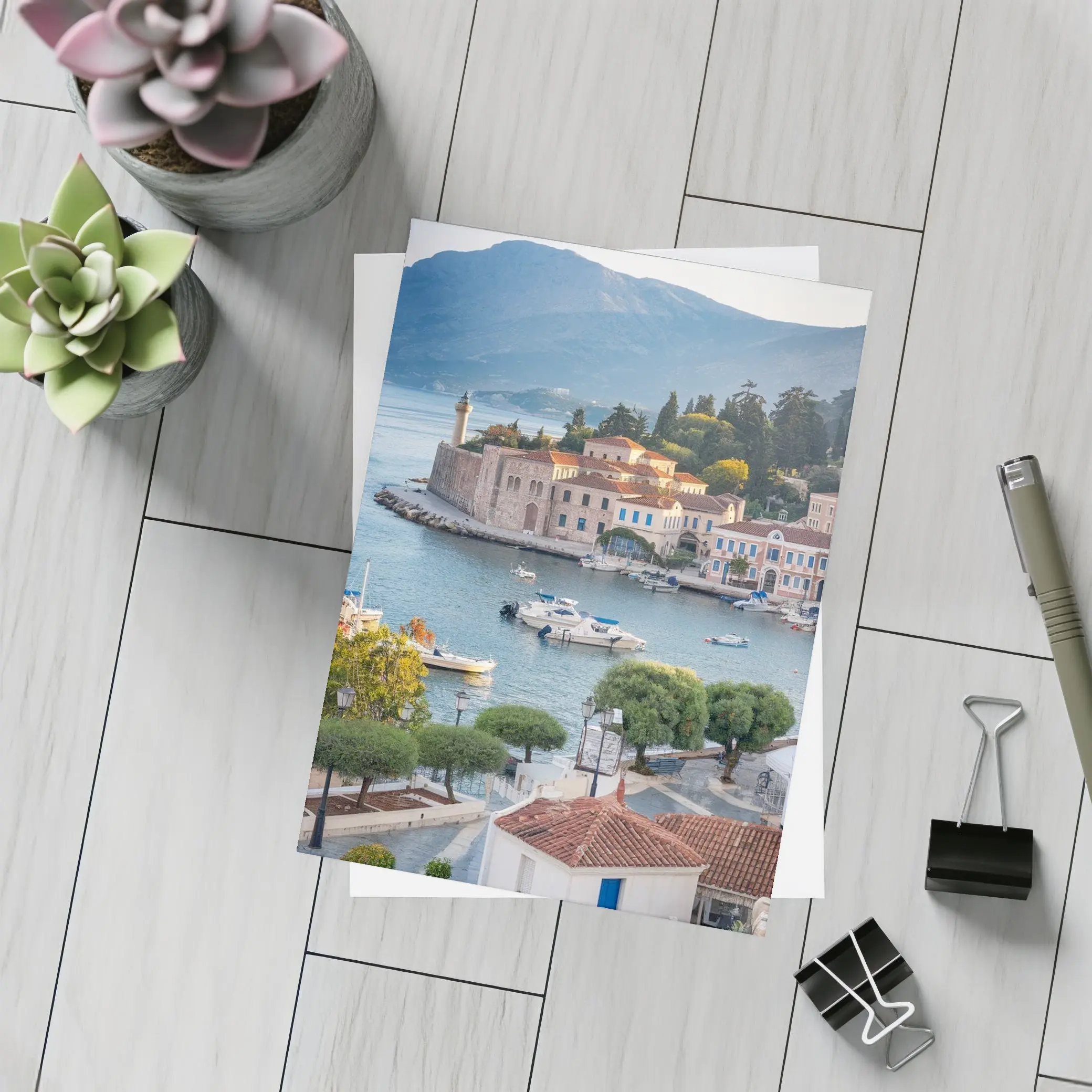 Greek Coastal Town Harbor With Mountain View – Postcards