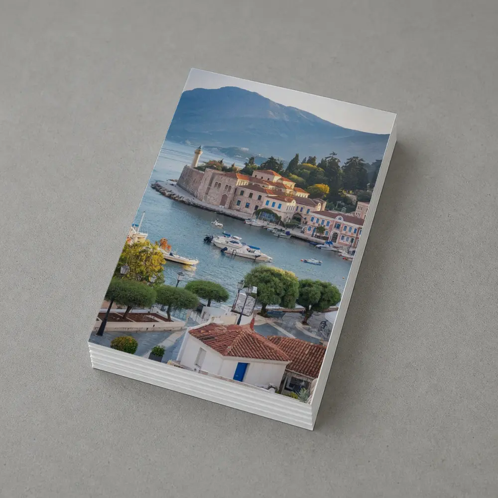 Greek Coastal Town Harbor With Mountain View – Postcards