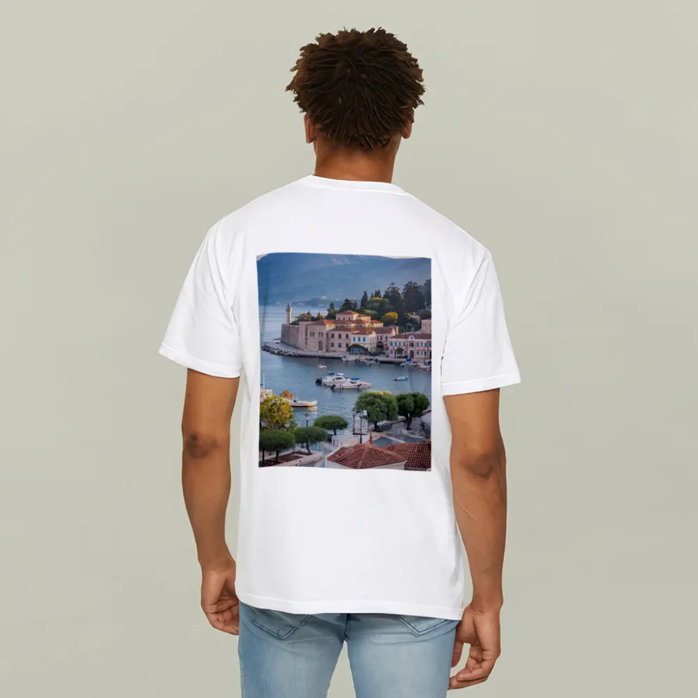 Greek Coastal Town Harbor With Mountain View – T-Shirts