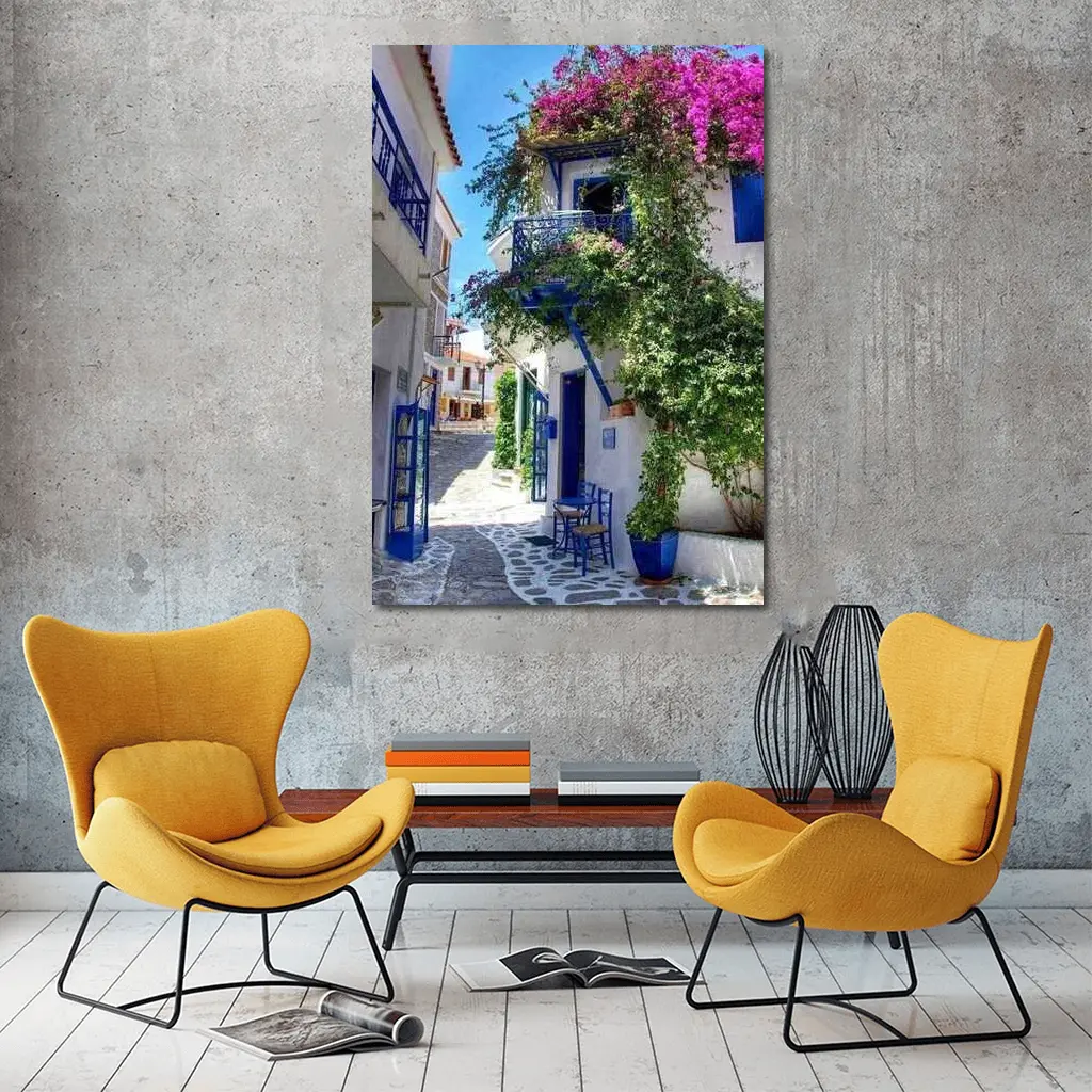Greek Island Alley White Blue Architecture – Wall Art