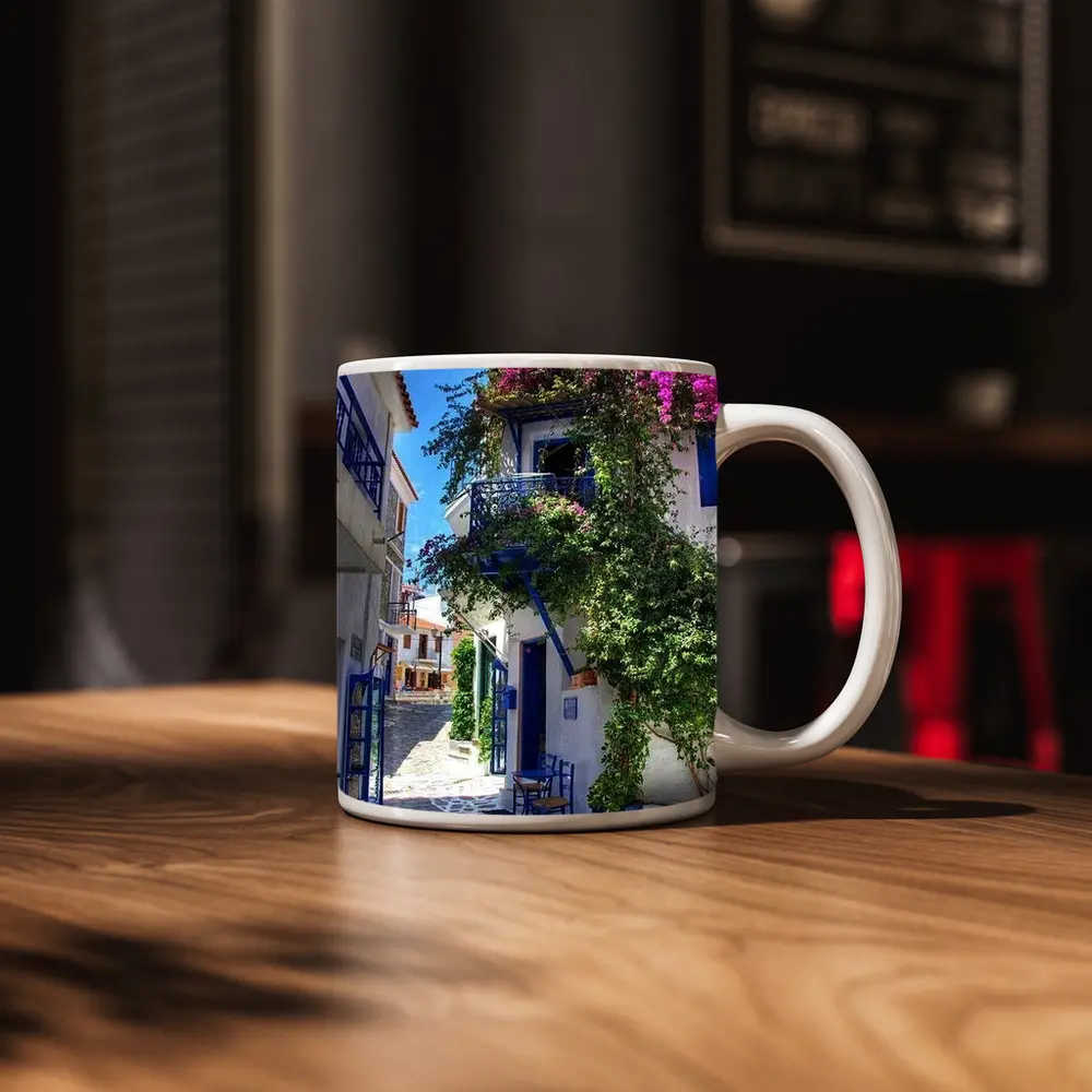Greek Island Alley White Blue Architecture – Mugs