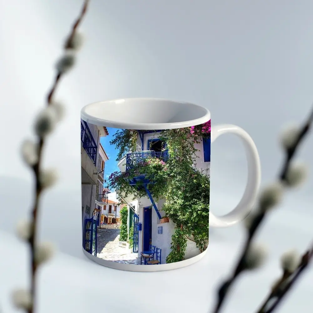 Greek Island Alley White Blue Architecture – Mugs