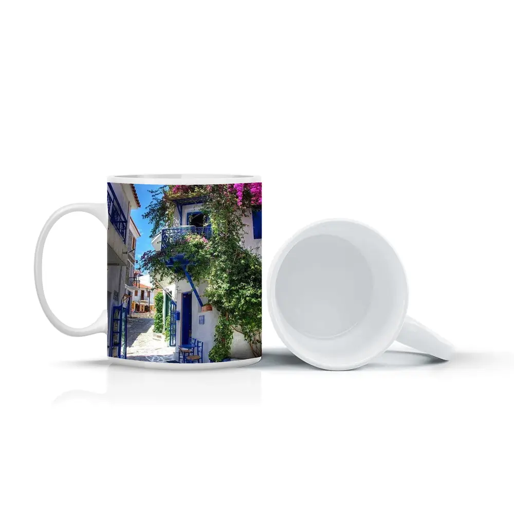 Greek Island Alley White Blue Architecture – Mugs