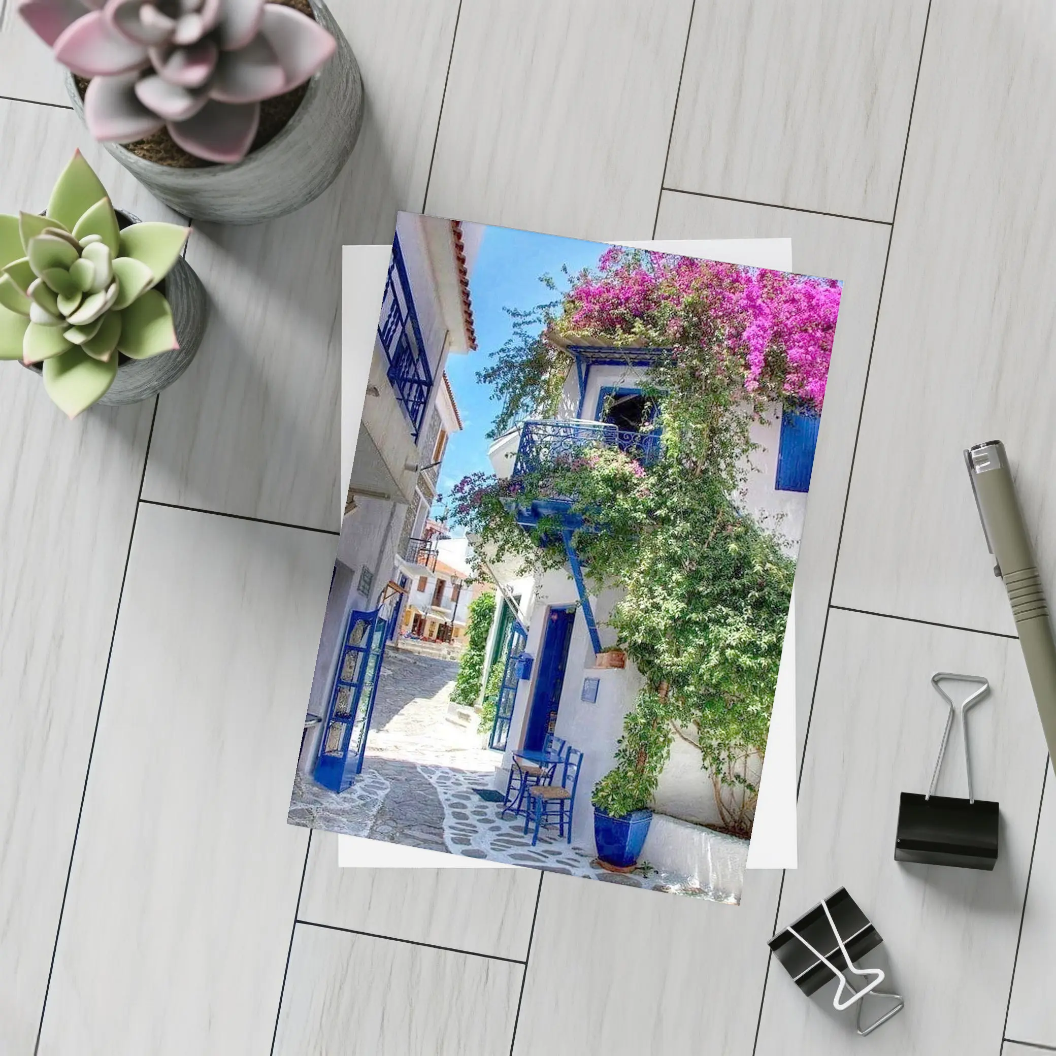 Greek Island Alley White Blue Architecture – Postcards