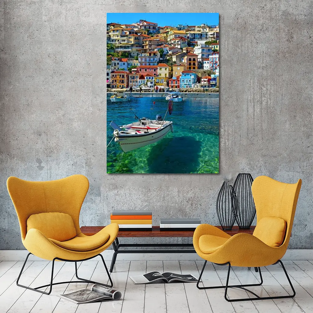 Greek Harbor Town Colorful Houses Crystal Water – Wall Art