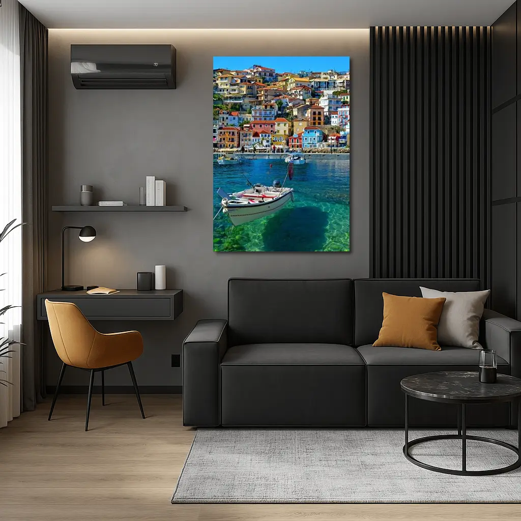 Greek Harbor Town Colorful Houses Crystal Water – Wall Art