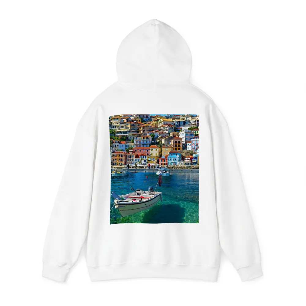 Greek Harbor Town Colorful Houses Crystal Water – Hoodies