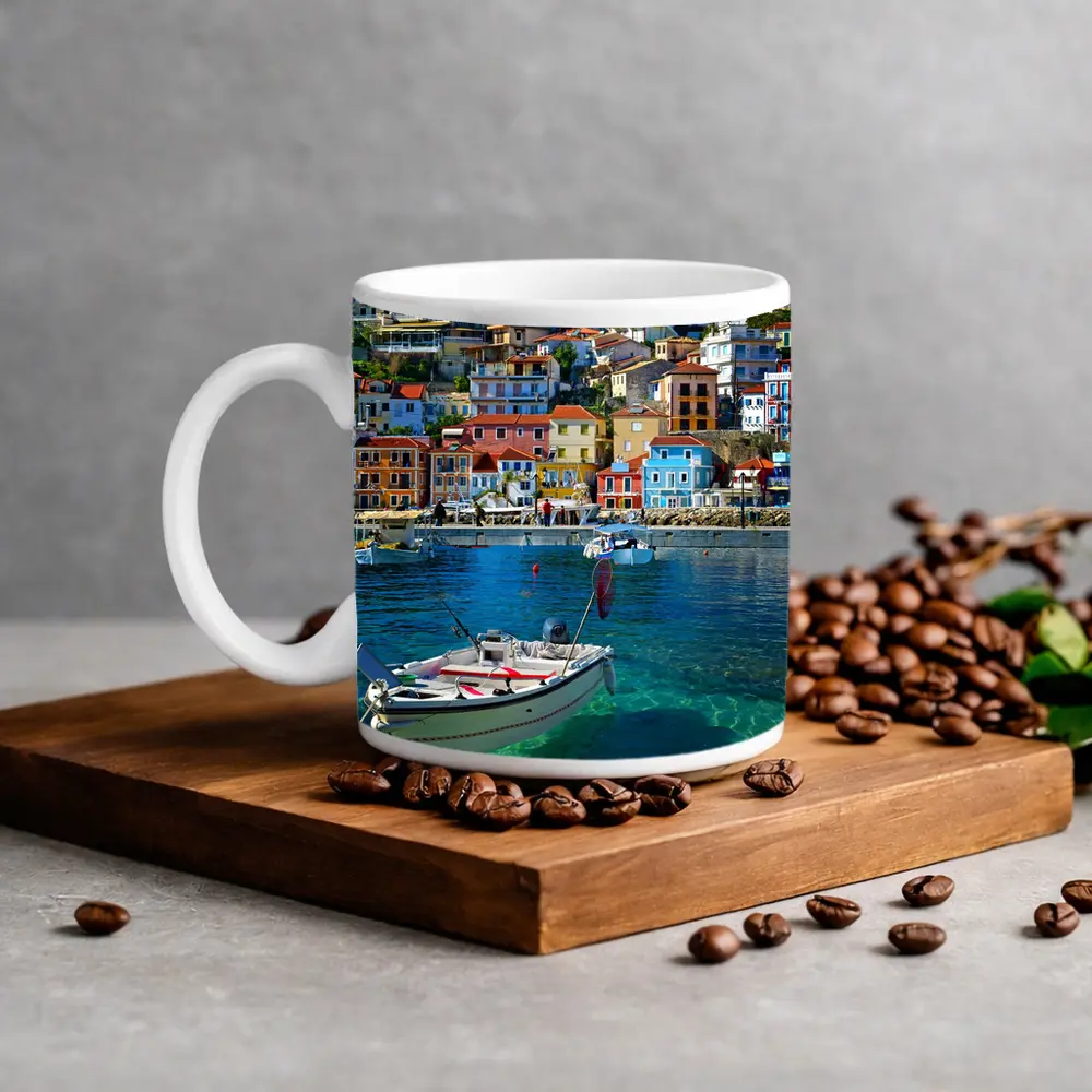Greek Harbor Town Colorful Houses Crystal Water – Mugs
