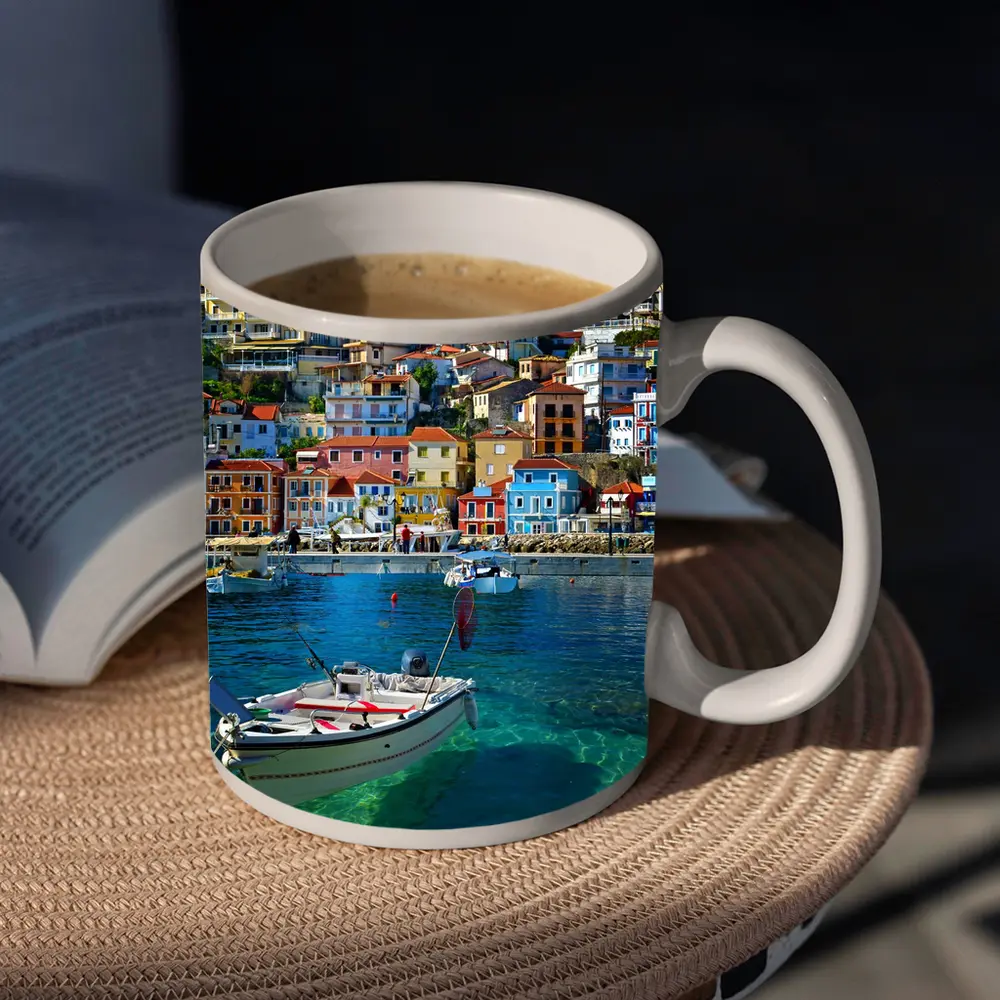 Greek Harbor Town Colorful Houses Crystal Water – Mugs