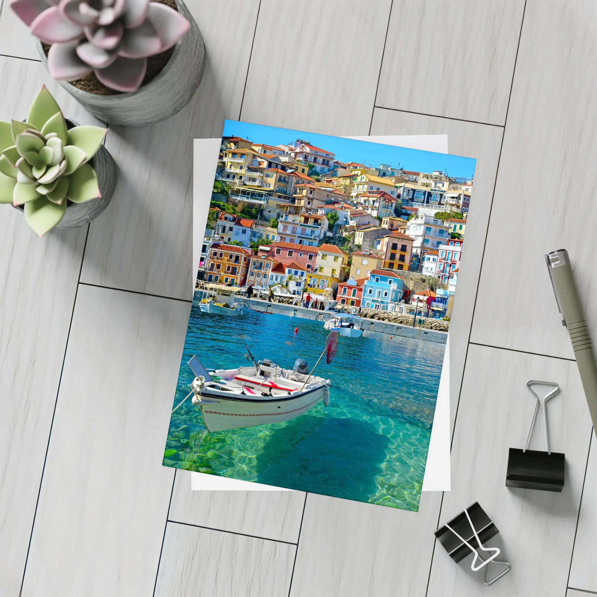 Greek Harbor Town Colorful Houses Crystal Water – Postcards