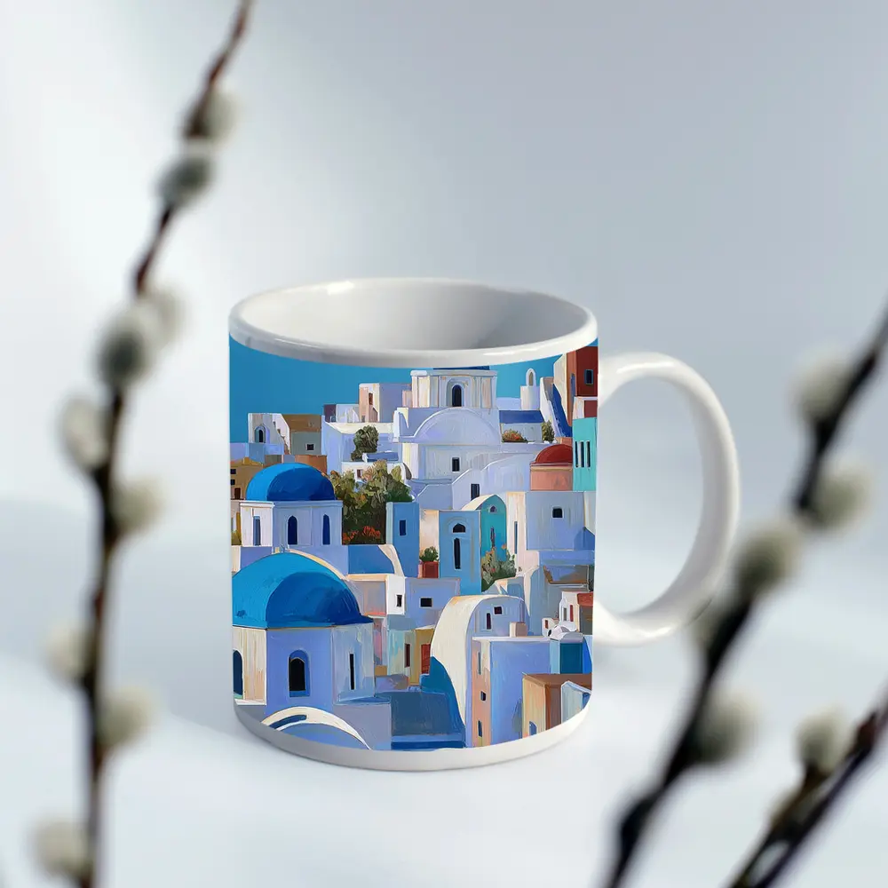 Santorini Blue Domed Churches White Village – Mugs