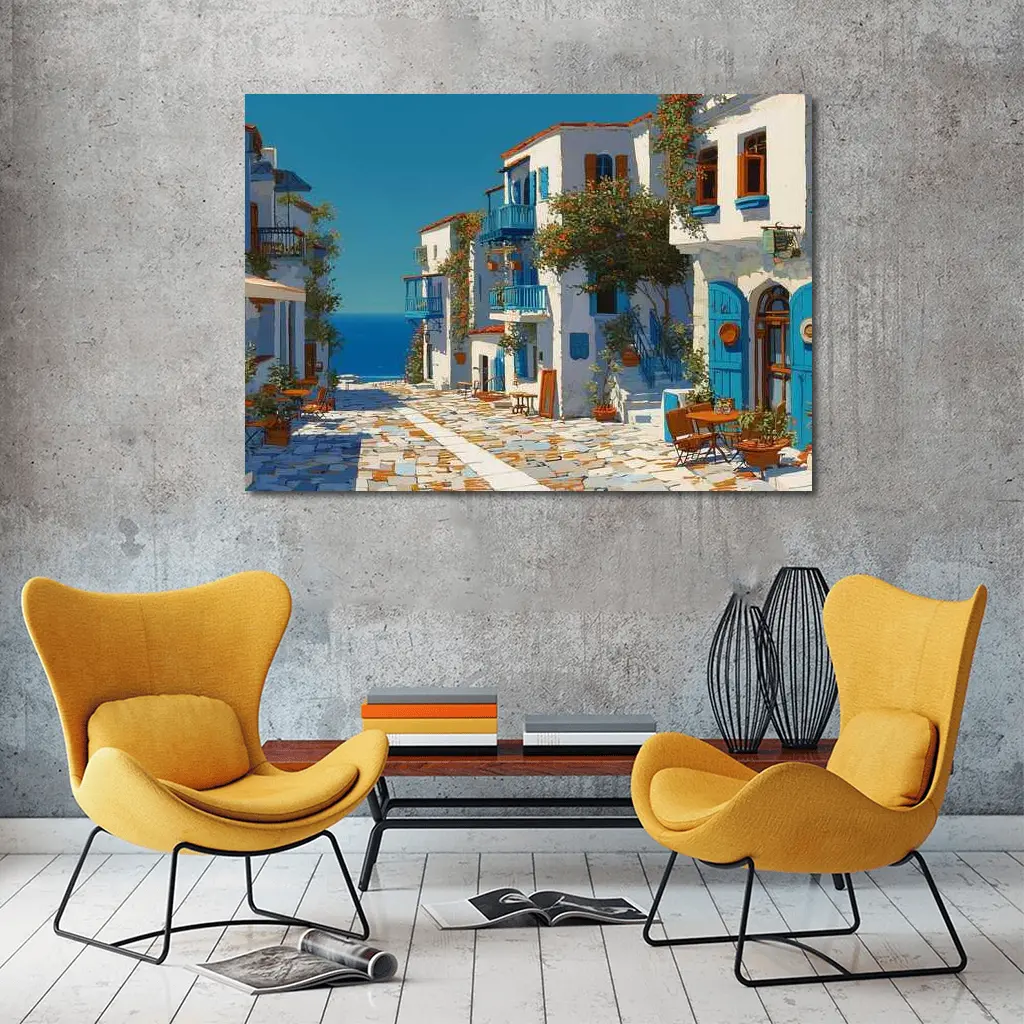 Greek Village Street Blue White Architecture – Wall Art