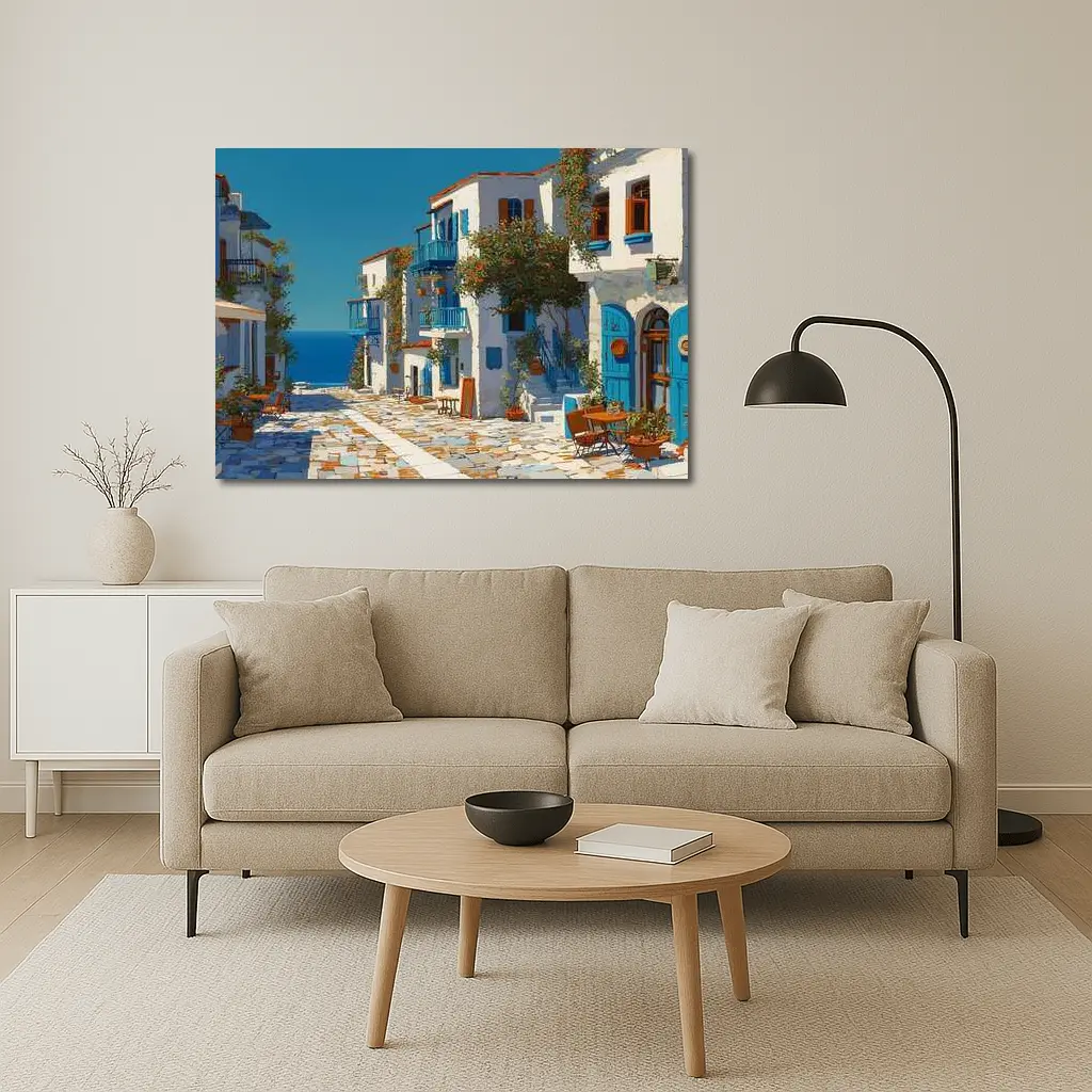 Greek Village Street Blue White Architecture – Wall Art