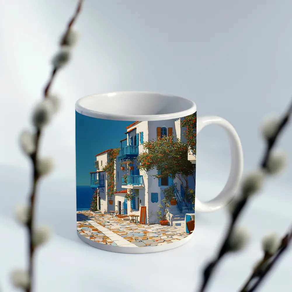 Greek Village Street Blue White Architecture – Mugs