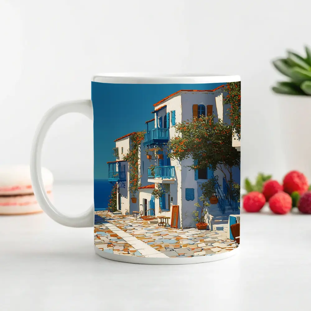 Greek Village Street Blue White Architecture – Mugs