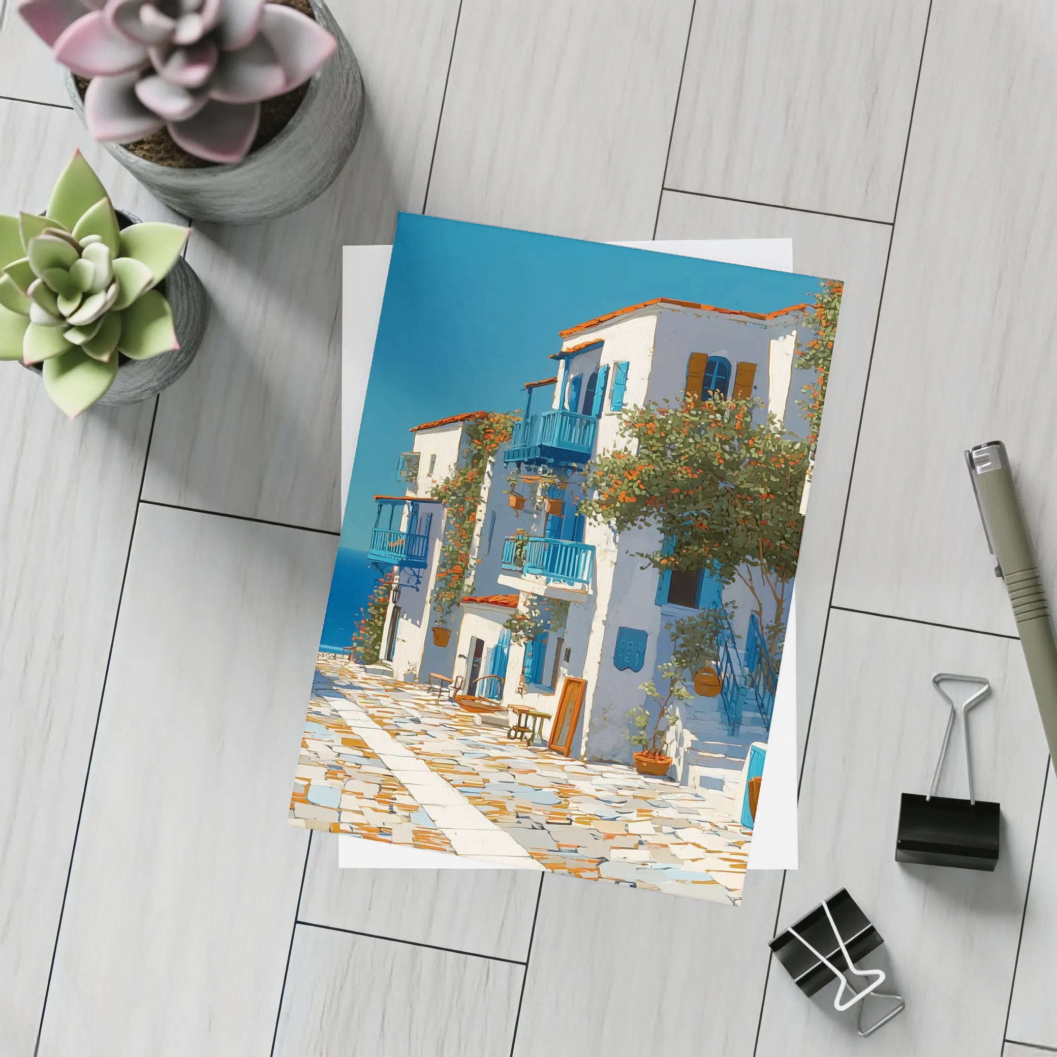 Greek Village Street Blue White Architecture – Postcards