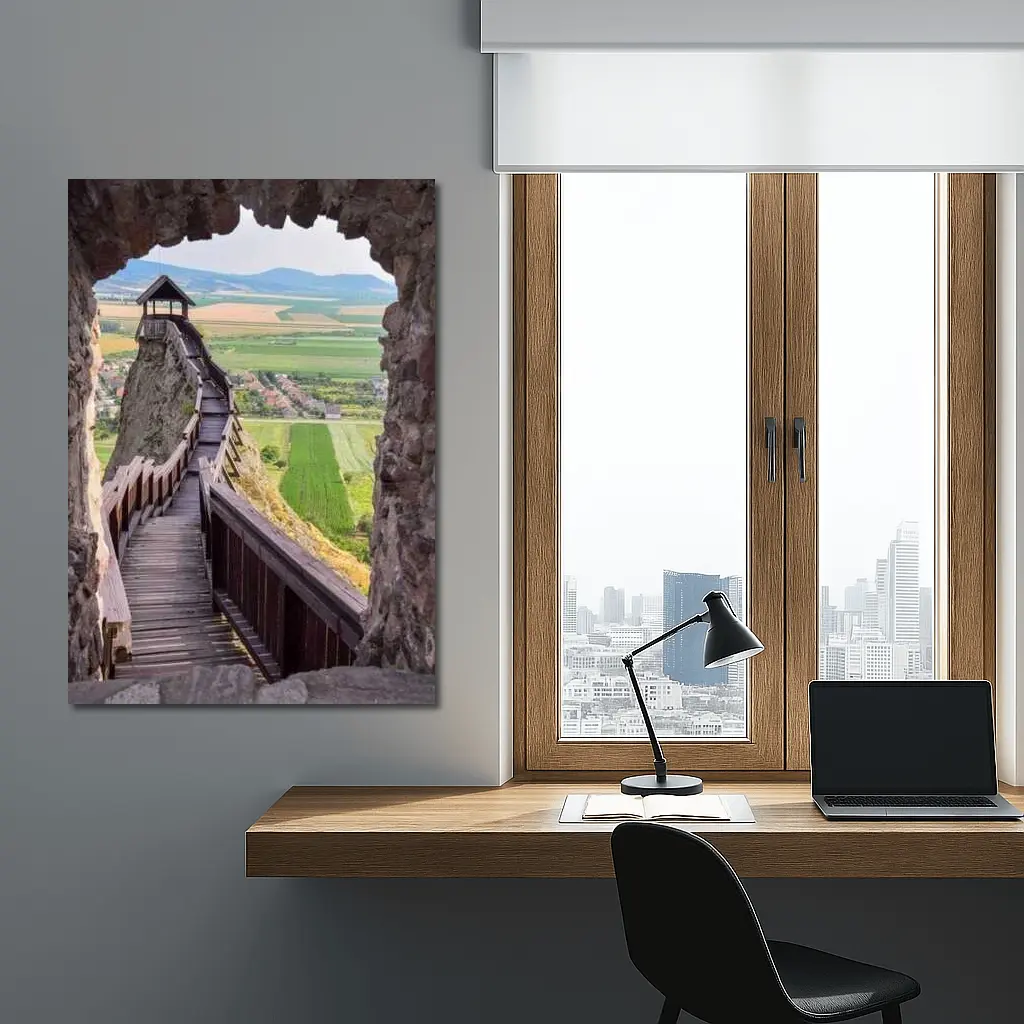 Medieval Castle Wooden Stairs Valley View – Wall Art