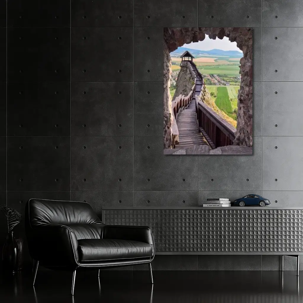 Medieval Castle Wooden Stairs Valley View – Wall Art